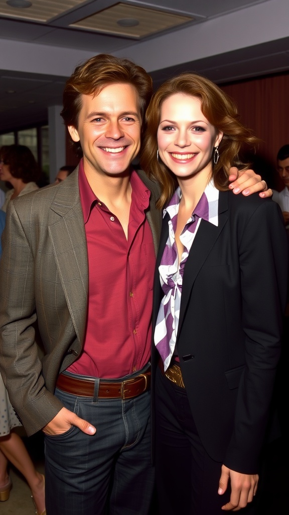 Kevin Bacon and Kyra Sedgwick smiling together in the 1980s, showcasing their chemistry and love.